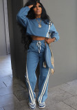 Autumn Winter Sport Color Block Striped Long Sleeve Hoodies Drawstring Pants Two-Piece Set