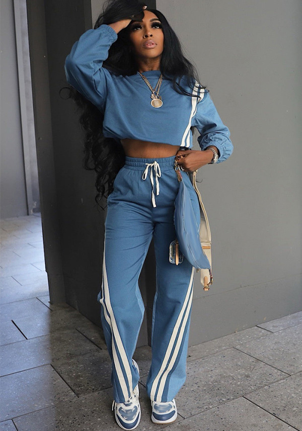 Autumn Winter Sport Color Block Striped Long Sleeve Hoodies Drawstring Pants Two-Piece Set
