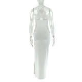 Women's Hollow-Out Fashion Slit Pleated Low Back Cross Halter Neck Solid Long Dress