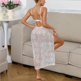 Sexy Lingerie Set Lace See-Through Slit Long Nightgown with G-String