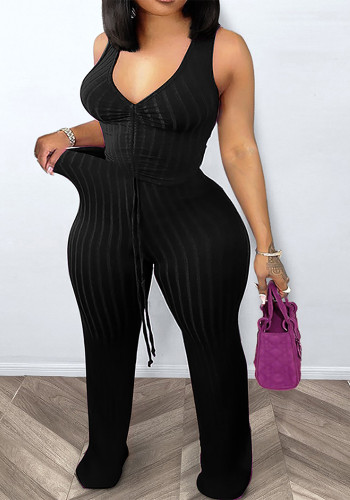 Plus Size Women's Casual Comfort Set V-Neck Drawstring Vest Bell Bottom Pants Two-Piece Outfit