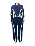 Fashion Women's Striped Patchwork Color Block Zipper Turndown Collar Top Wide Leg Pants Two-Piece Set