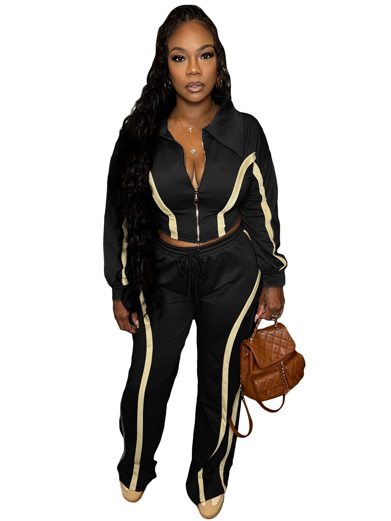 Fashion Women's Striped Patchwork Color Block Zipper Turndown Collar Top Wide Leg Pants Two-Piece Set