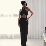 Women's Hollow-Out Fashion Slit Pleated Low Back Cross Halter Neck Solid Long Dress