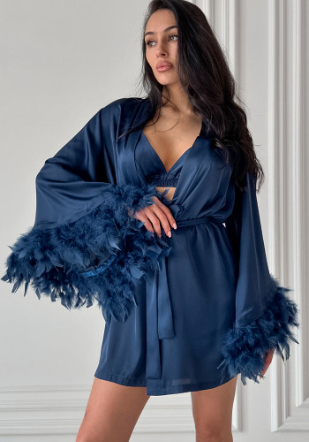 Women's Satin Feather Patchwork Lingerie Shorts Robe Home Three-Piece Seepwear