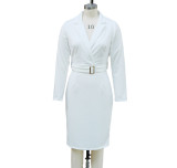 Women's Autumn Chic Turndown Collar High-Waisted Belted Office Dress