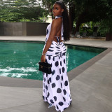 Black White Polka Dot Women's Slit Print Irregular High Neck Tie Low Back Dress