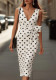 Summer Holidays Chic Black White Polka Dot Sleeveless Bow V-Neck Slit Dress