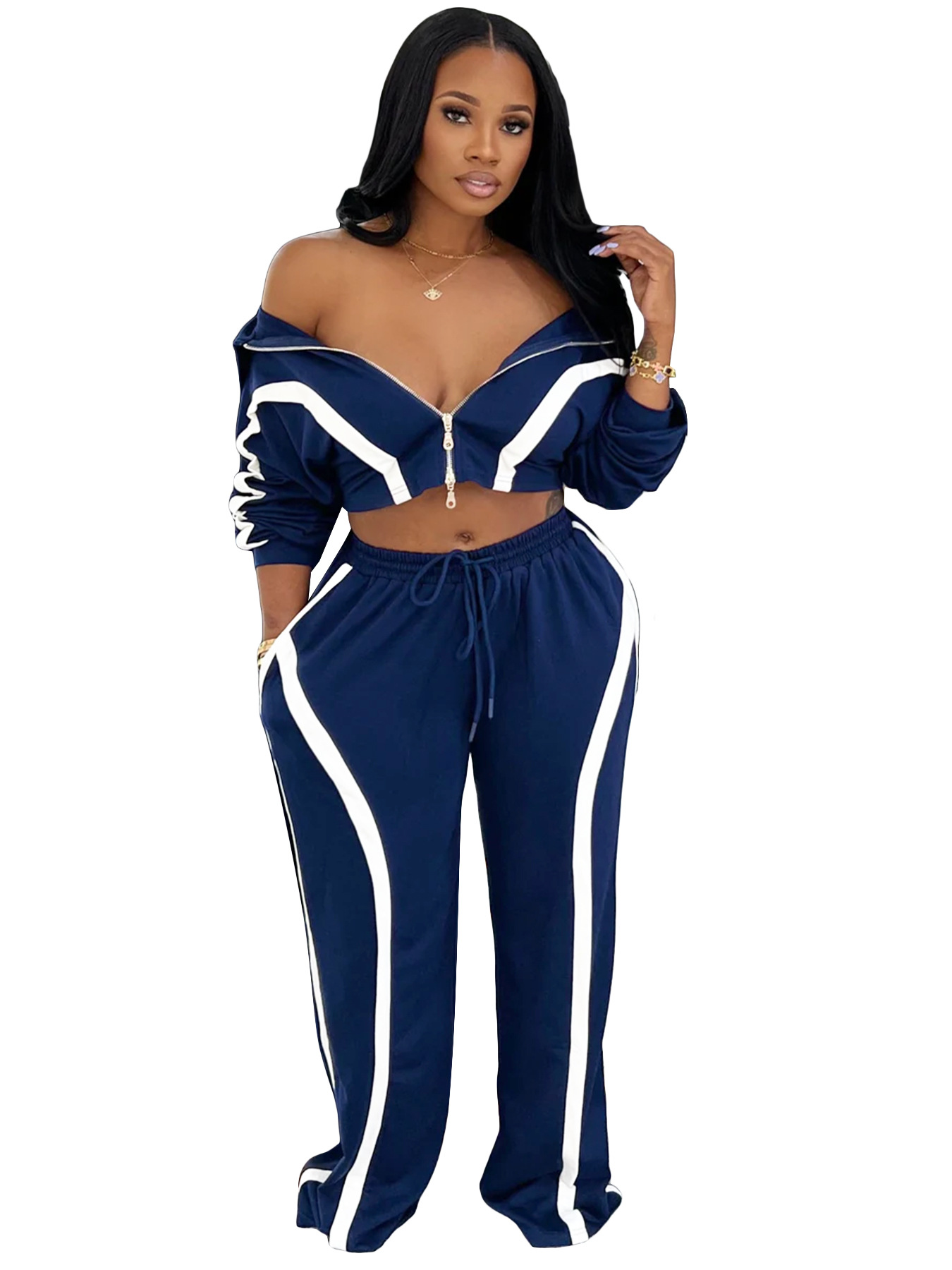 Fashion Women's Striped Patchwork Color Block Zipper Turndown Collar Top Wide Leg Pants Two-Piece Set