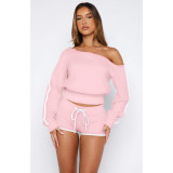Women's Casual Slash Shoulder Long Sleeve Top Drawstring Shorts Two-Piece Set