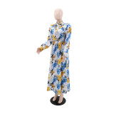 V-Neck Print Slim Waist Casual Holidays Elegant Long Sleeve A-Line Dress