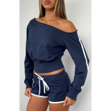 Women's Casual Slash Shoulder Long Sleeve Top Drawstring Shorts Two-Piece Set