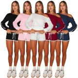 Women's Casual Slash Shoulder Long Sleeve Top Drawstring Shorts Two-Piece Set