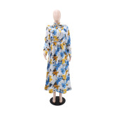 V-Neck Print Slim Waist Casual Holidays Elegant Long Sleeve A-Line Dress