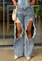 Summer Loose Style Ripped Straight Leg Casual Denim Pants Women