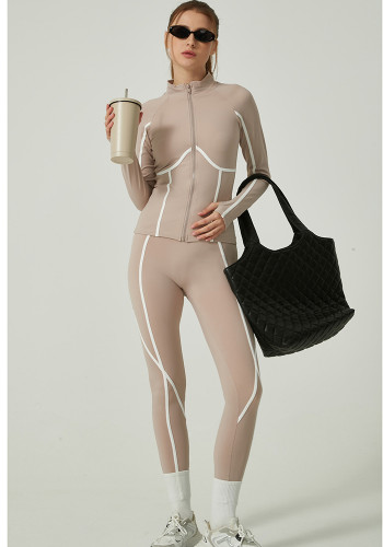 Yoga Set Women Casual Sportswear Autumn Winter Color Block Long Sleeve Jacket Pants Yoga Suit