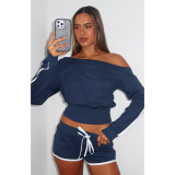 Women's Casual Slash Shoulder Long Sleeve Top Drawstring Shorts Two-Piece Set