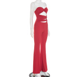 Women's Autumn Solid Color Strapless Sleeveless Hollow-Out Low Back Knot Jumpsuit