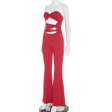 Women's Autumn Solid Color Strapless Sleeveless Hollow-Out Low Back Knot Jumpsuit