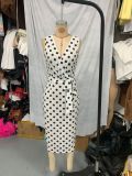 Summer Holidays Chic Black White Polka Dot Sleeveless Bow V-Neck Slit Dress