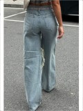 Summer Loose Style Ripped Straight Leg Casual Denim Pants Women