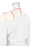Women's Casual Slash Shoulder Long Sleeve Top Drawstring Shorts Two-Piece Set