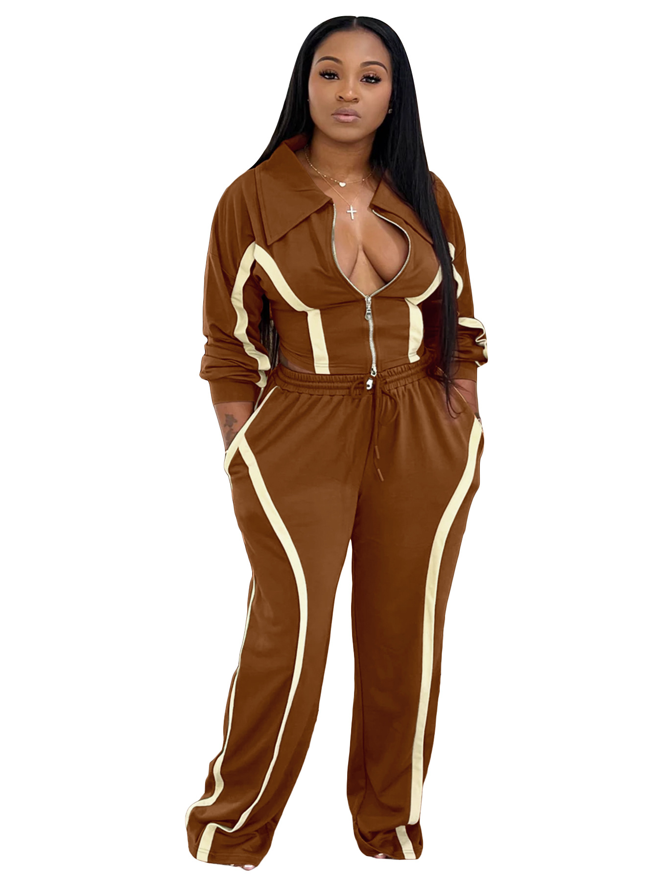 Fashion Women's Striped Patchwork Color Block Zipper Turndown Collar Top Wide Leg Pants Two-Piece Set