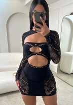 Round Neck Cape Strapless Sexy Hollow-Out Mini Beaded Bodycon Dress