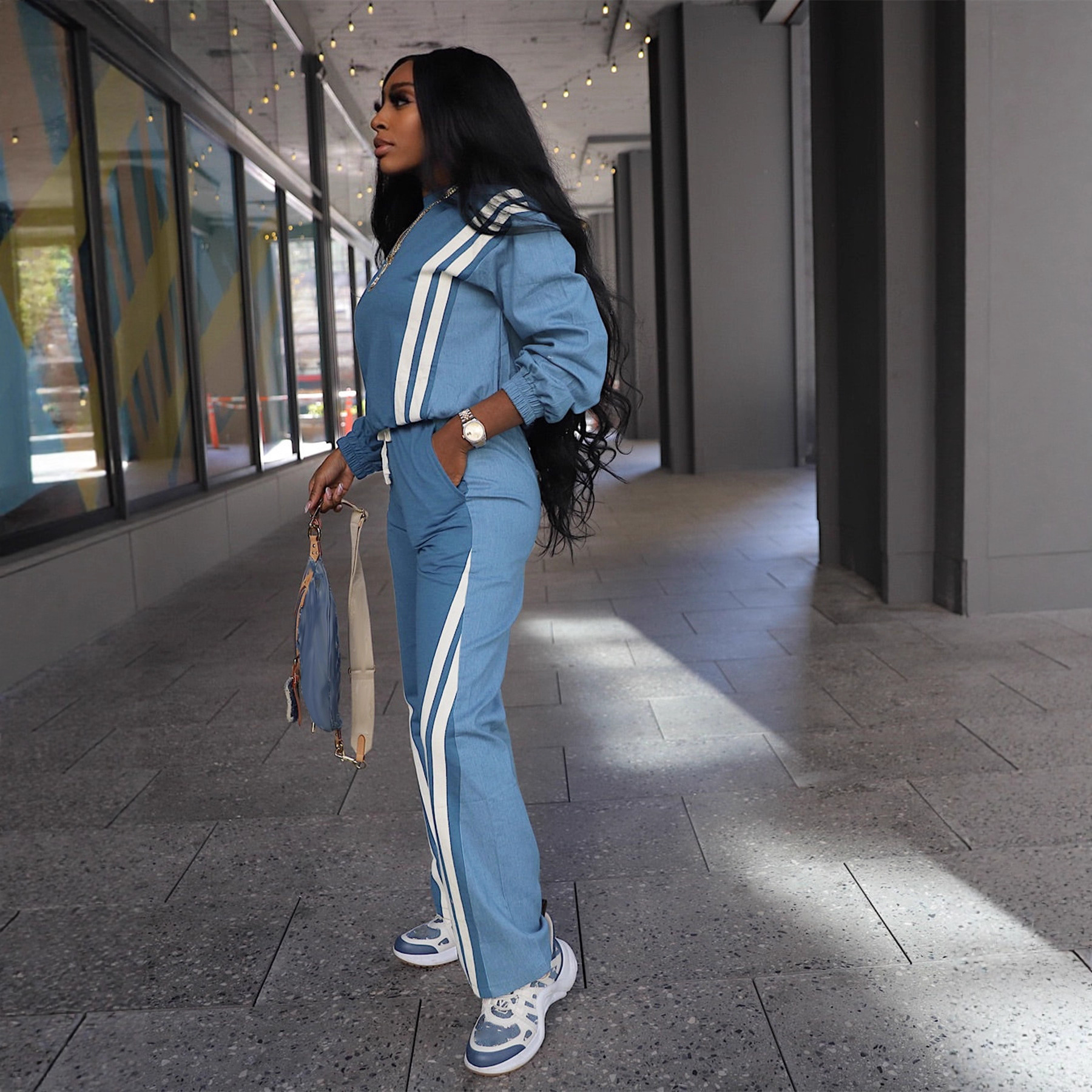 Autumn Winter Sport Color Block Striped Long Sleeve Hoodies Drawstring Pants Two-Piece Set
