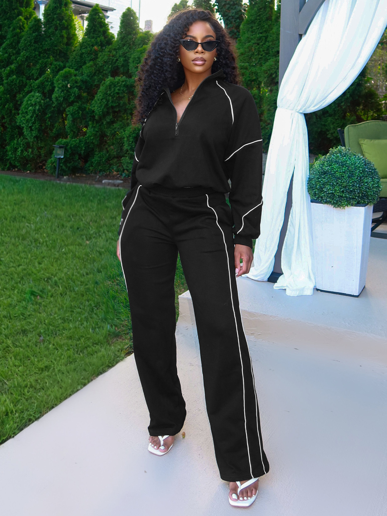 Fashion Women's Buckle Slim Waist Striped Zipper Top Straight Leg Sport Pants Two-Piece Set