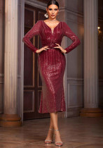 Women's Long Sleeve V-Neck Formal Party Dress Sequin Evening Gown