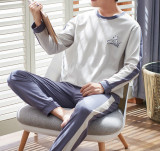 Men's Cotton Pajama Set Long Sleeve Top and Pants Comfortable Sleepwear Casual Home Lounge Wear for Spring and Fall