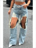 Summer Loose Style Ripped Straight Leg Casual Denim Pants Women