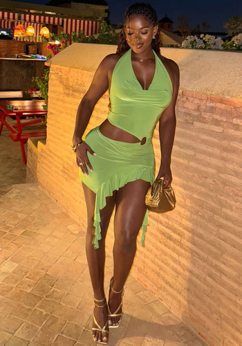 Solid Color Holidays Women's Metal Ring Halter Neck V-Neck Ruffled Bodycon Dress