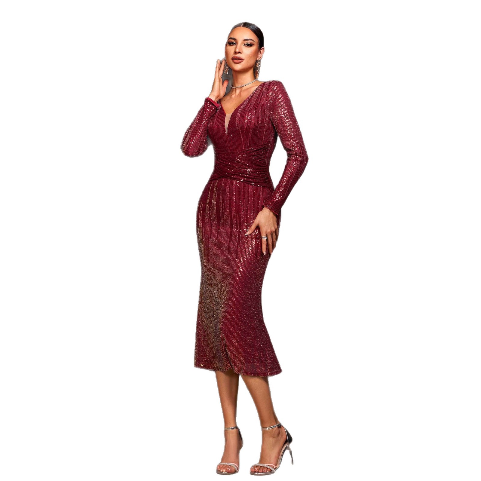 Women's Long Sleeve V-Neck Formal Party Dress Sequin Evening Gown