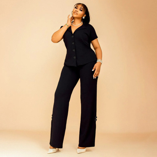 Plus Size Women's Casual V-Neck Short Sleeve Loose Two-Piece Pants Set