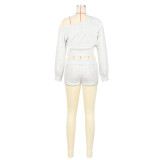 Women's Casual Slash Shoulder Long Sleeve Top Drawstring Shorts Two-Piece Set