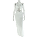 Women's Hollow-Out Fashion Slit Pleated Low Back Cross Halter Neck Solid Long Dress