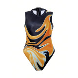 High-Waisted Slim Fit One-Piece Swimsuit Tight Fitting Abstract Pattern Hot Spring Outfit
