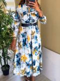 V-Neck Print Slim Waist Casual Holidays Elegant Long Sleeve A-Line Dress