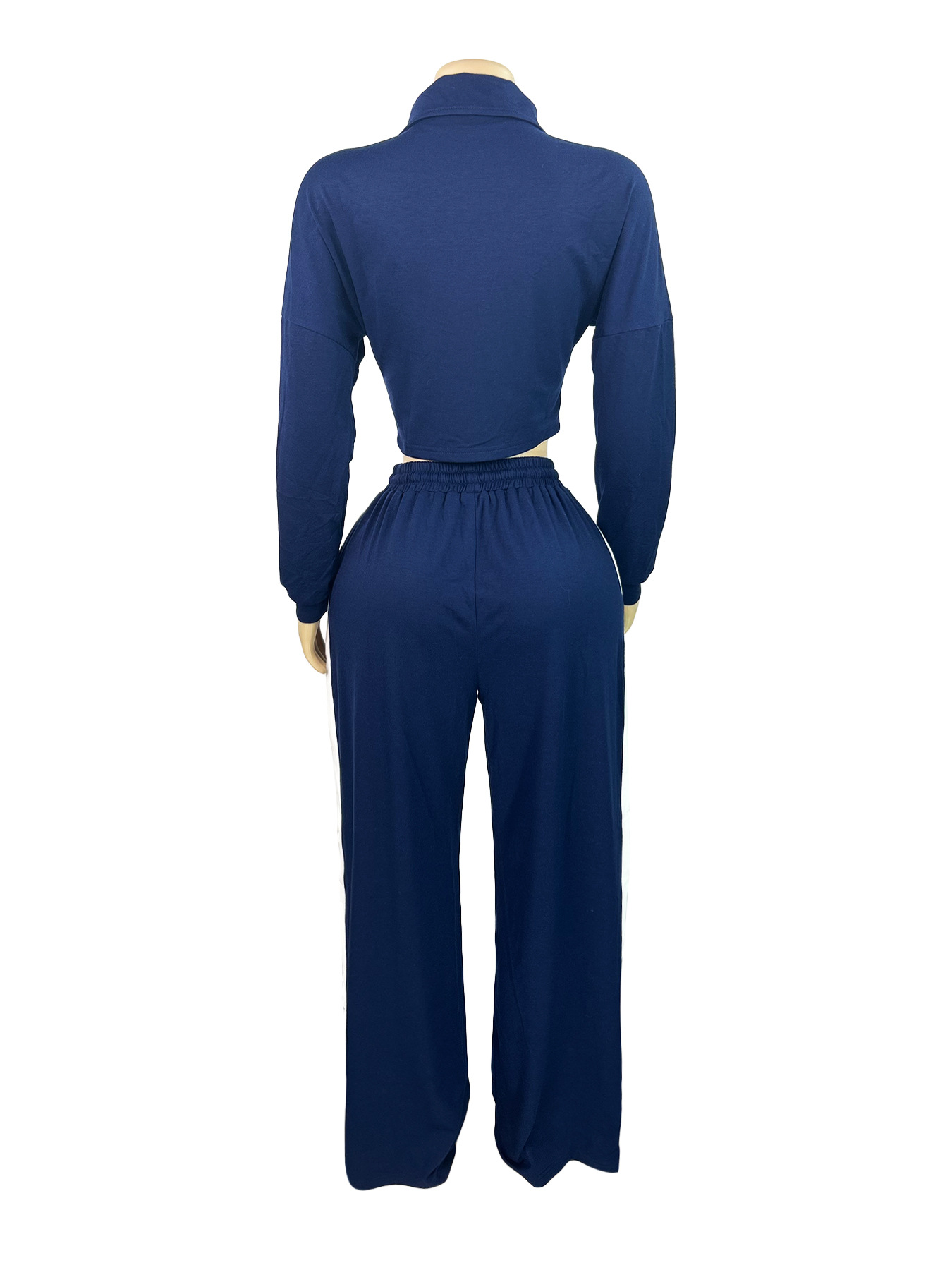 Fashion Women's Striped Patchwork Color Block Zipper Turndown Collar Top Wide Leg Pants Two-Piece Set