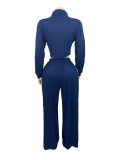 Fashion Women's Striped Patchwork Color Block Zipper Turndown Collar Top Wide Leg Pants Two-Piece Set