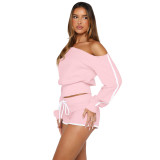 Women's Casual Slash Shoulder Long Sleeve Top Drawstring Shorts Two-Piece Set