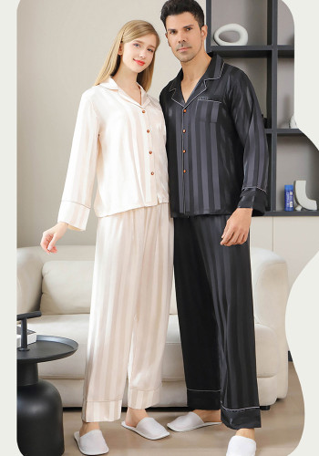 Ice Silk Couple's Pajamas Set Long Sleeve Nightwear for Men & Women