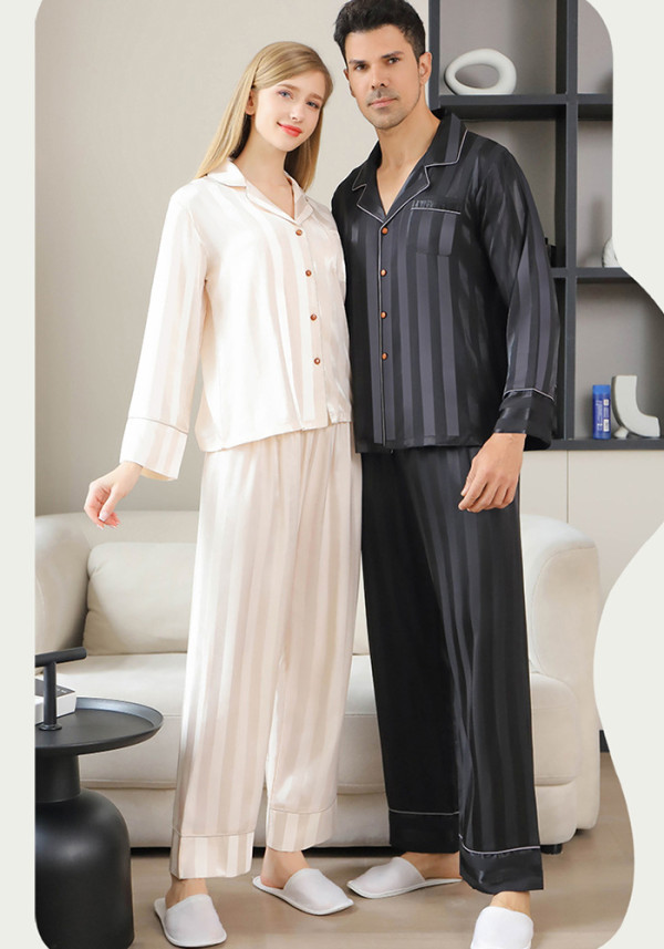 Ice Silk Couple's Pajamas Set Long Sleeve Nightwear for Men & Women