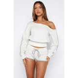 Women's Casual Slash Shoulder Long Sleeve Top Drawstring Shorts Two-Piece Set