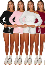 Women's Casual Slash Shoulder Long Sleeve Top Drawstring Shorts Two-Piece Set