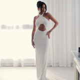 Women's Hollow-Out Fashion Slit Pleated Low Back Cross Halter Neck Solid Long Dress