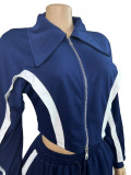 Fashion Women's Striped Patchwork Color Block Zipper Turndown Collar Top Wide Leg Pants Two-Piece Set