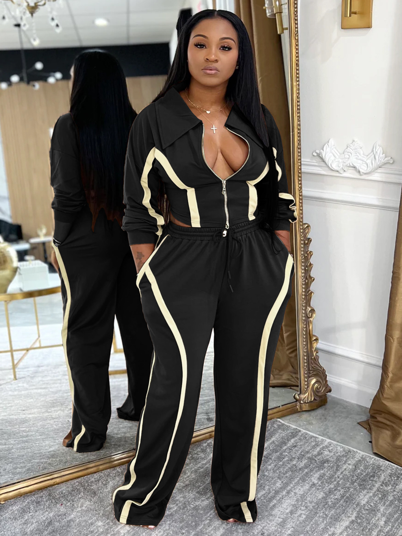 Fashion Women's Striped Patchwork Color Block Zipper Turndown Collar Top Wide Leg Pants Two-Piece Set